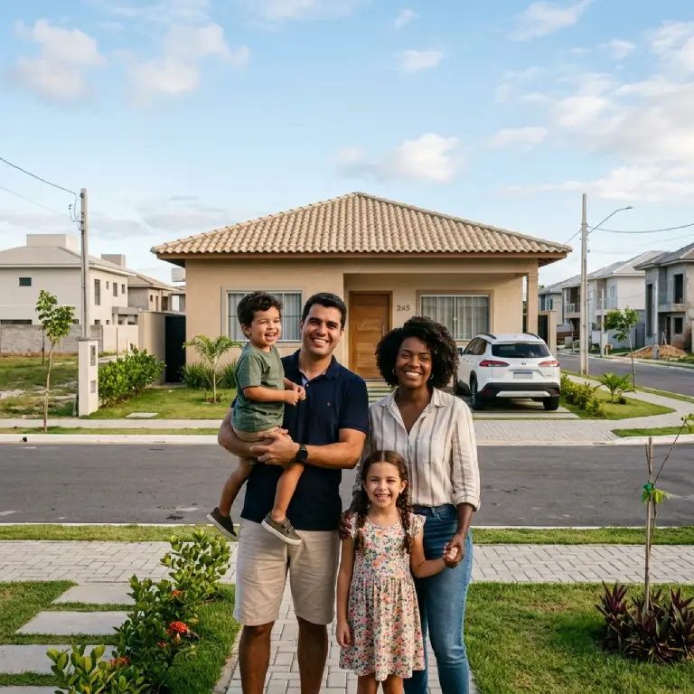 Família brasileira feliz vivenciando a natureza em loteamento sustentável Sollom